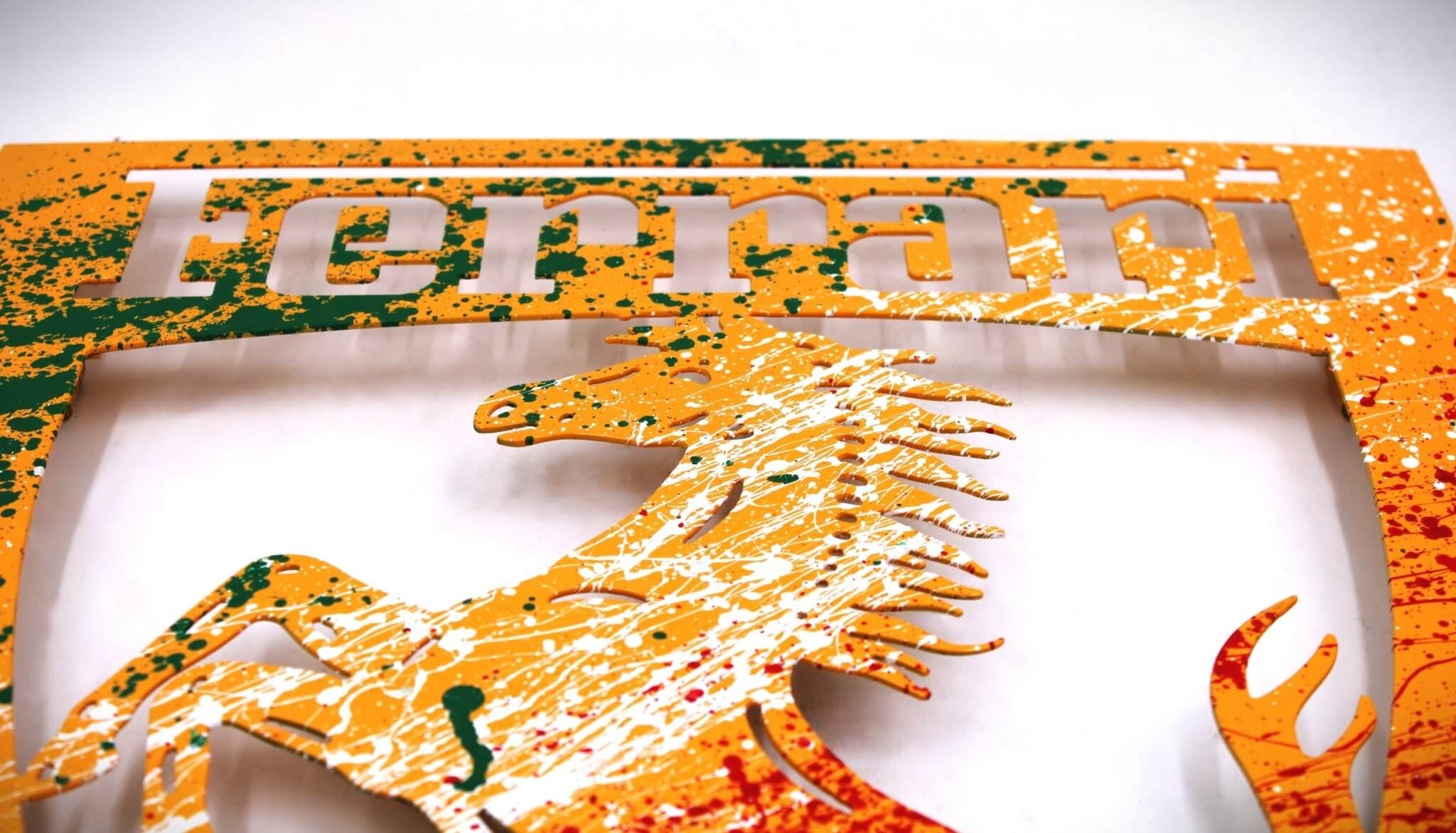 Signed Ferrari Prancing Horse Logo Metal Wall Art - Hand - Painted, Ready to Hang, Unique Decor for Car Guys and Man Caves - Ben's Auto Decor