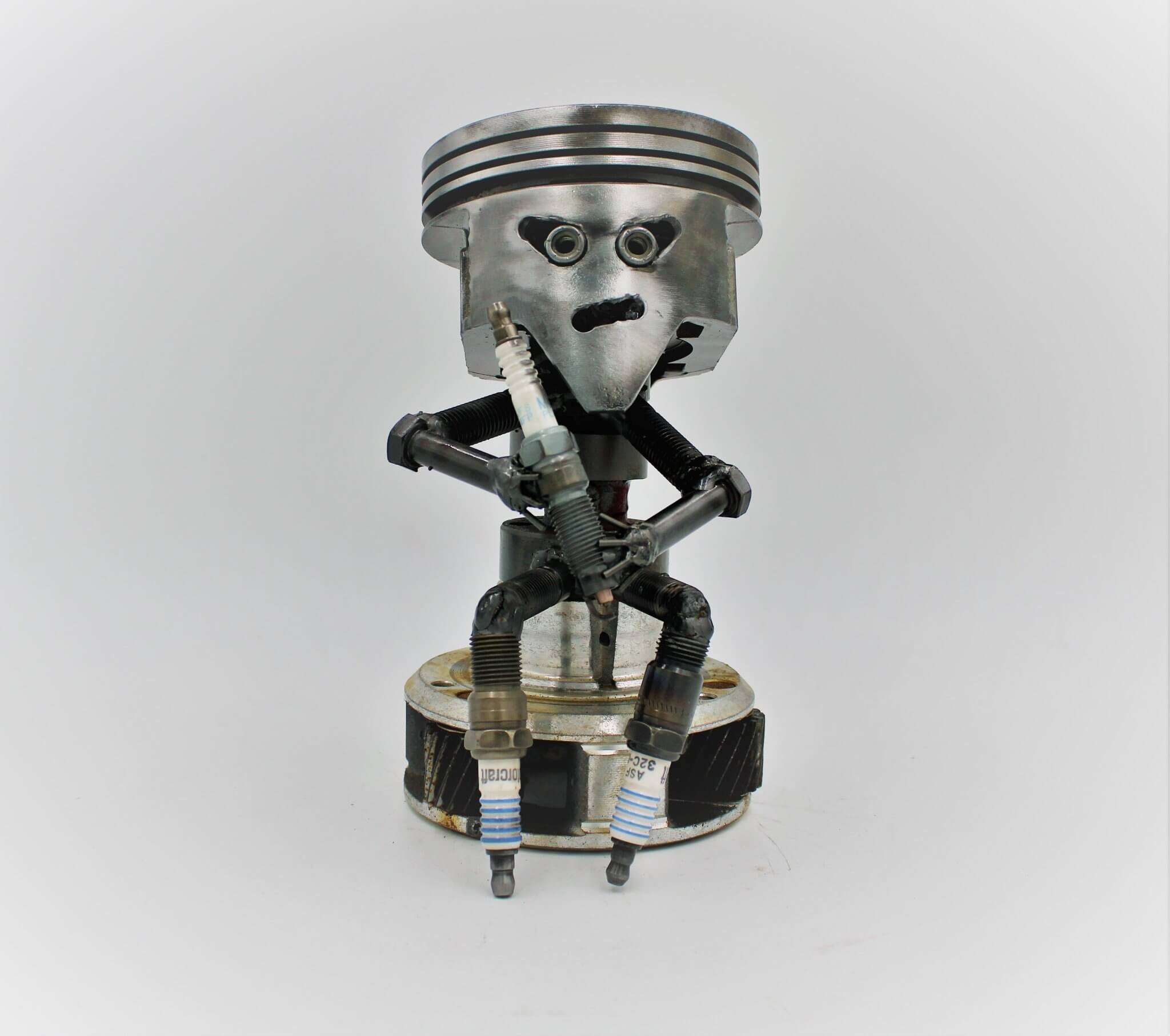 Sitting Piston Man Car Part Sculpture - Automotive Figurine, Unique Steampunk Desk Art - Ben's Auto Decor