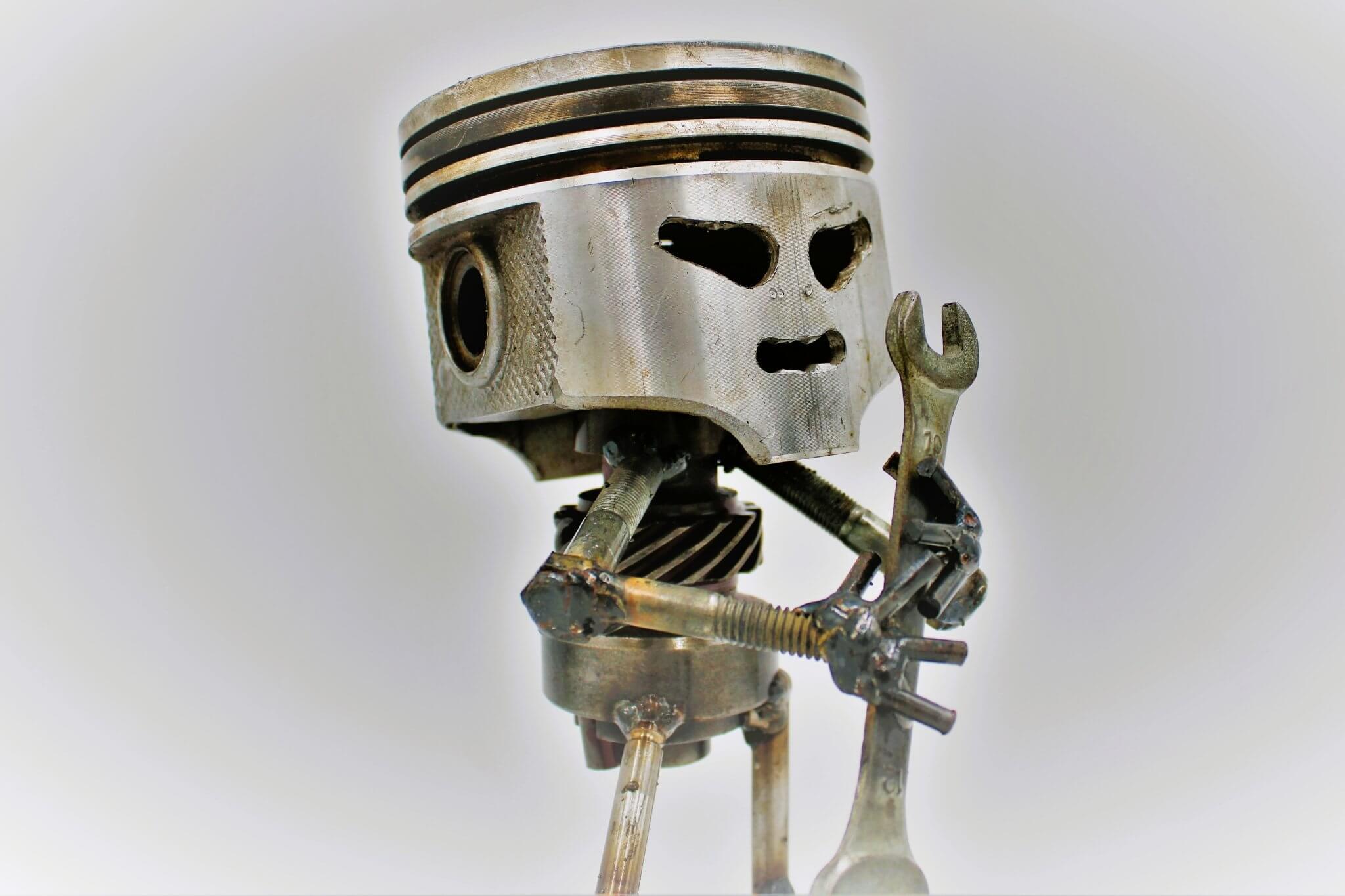 Standing Piston Man Car Part Sculpture - Automotive Figurine, Unique Steampunk Desk Art - Ben's Auto Decor