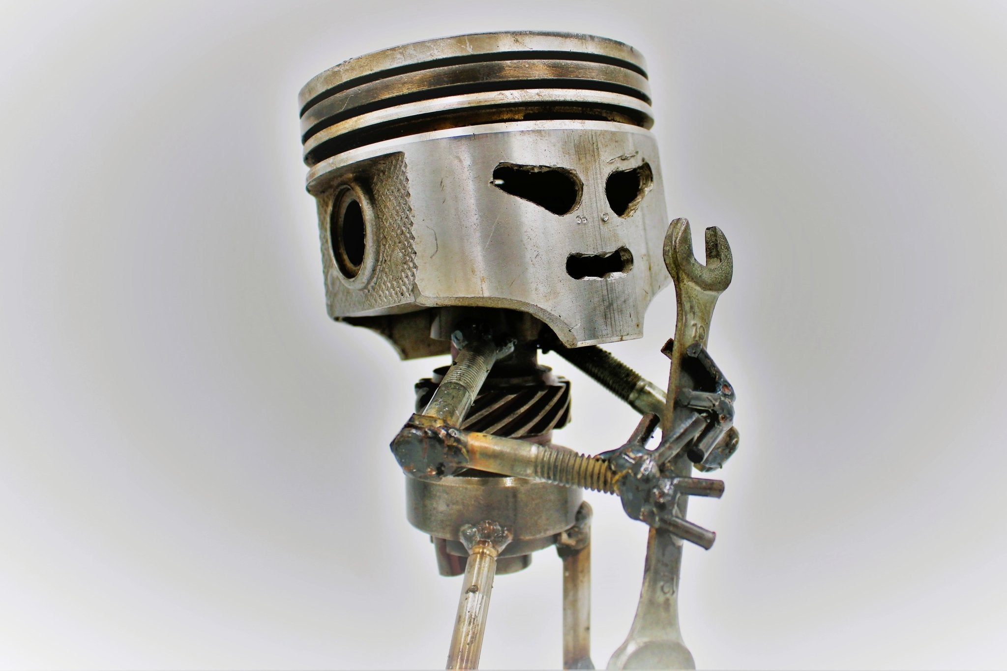 Standing Piston Man Car Part Sculpture - Automotive Figurine, Unique Steampunk Desk Art - Ben's Auto Decor