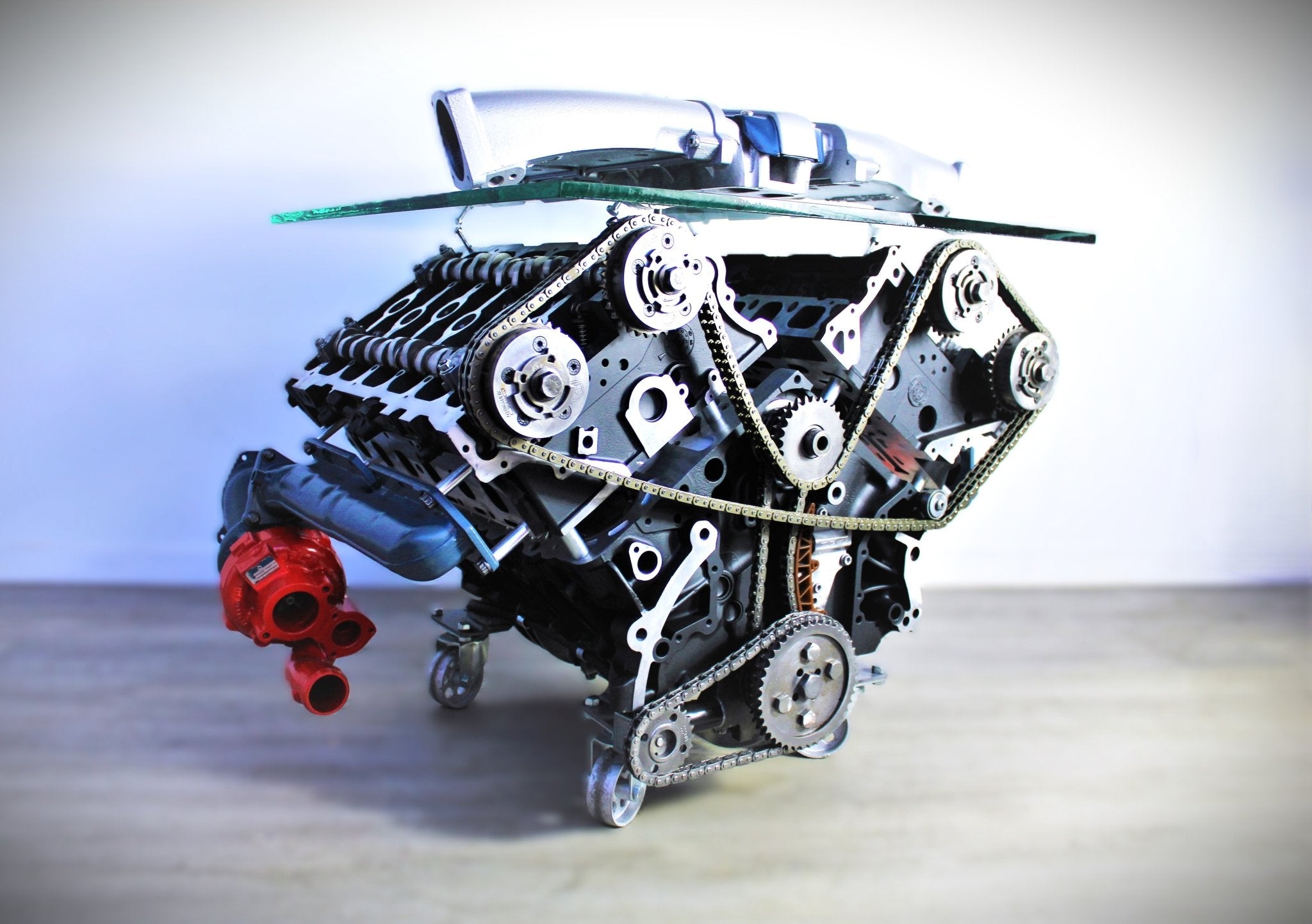 Twin Turbo Rotating Engine Coffee Table With Spinning Internals - Unique Man Cave Furniture - Ben's Auto Decor