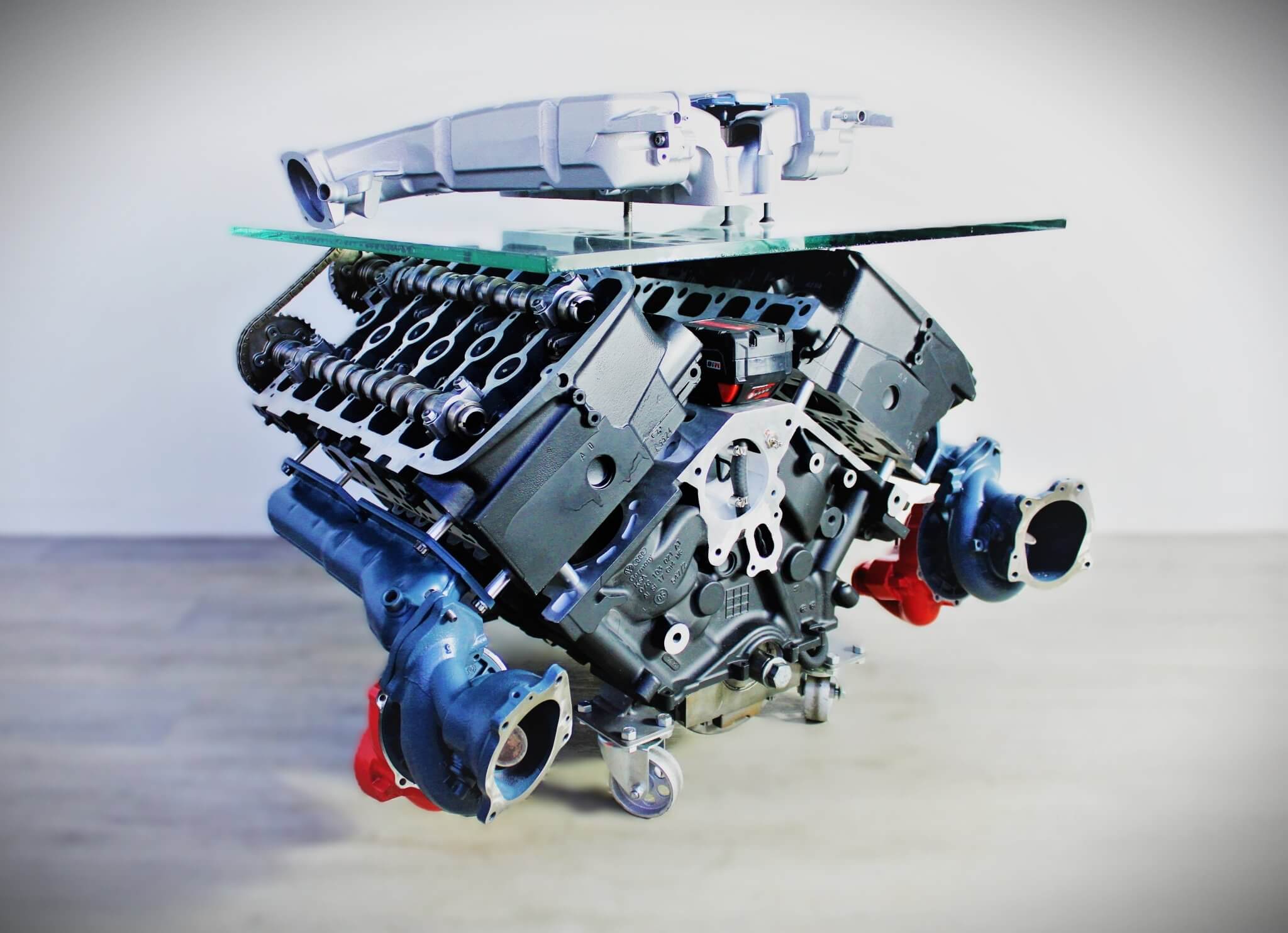 Twin Turbo Rotating Engine Coffee Table With Spinning Internals - Unique Man Cave Furniture - Ben's Auto Decor