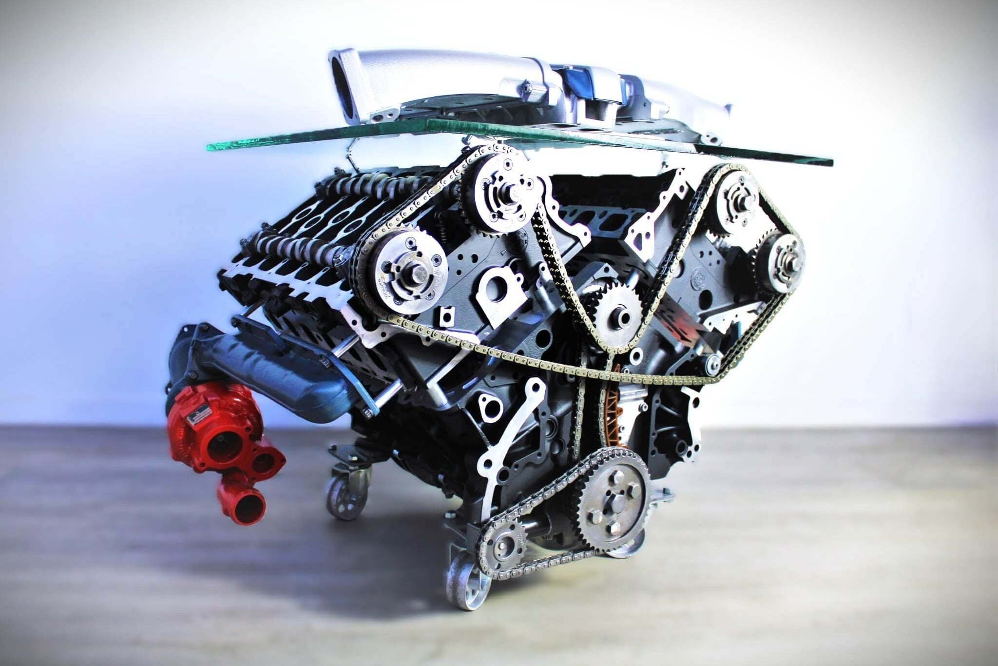 Twin Turbo Rotating Engine Coffee Table With Spinning Internals - Unique Man Cave Furniture - Ben's Auto Decor