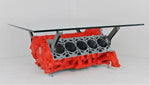 Load image into Gallery viewer, Lamborghini Gallardo V10 engine block coffee table finished in orange with a square glass top.
