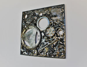 Automotive wall art made out of real car parts, 24 by 24 inch square wall hanging