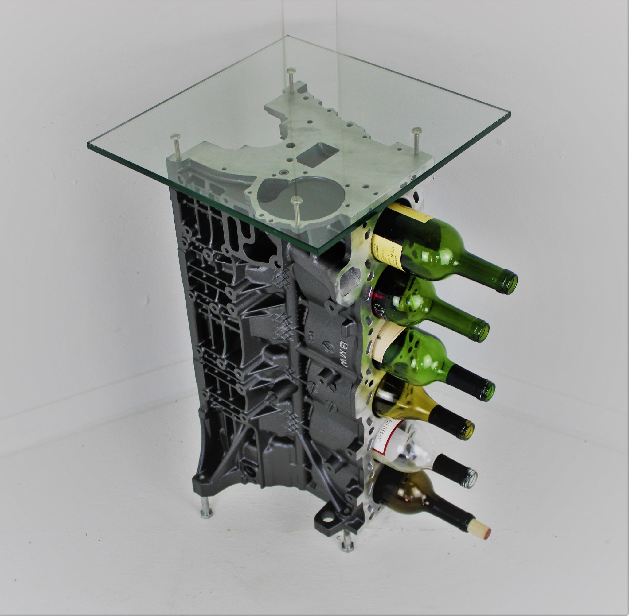 BMW Table Wine Rack - BMW Engine End Table With Bottle Storage, Upcycled Bar Furniture - Ben's Auto Decor