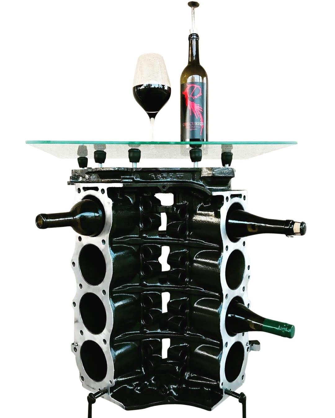 Engine Block Wine Rack and Table - Man Cave and Bar Furniture From Repurposed Car Parts for Gearheads - Ben's Auto Decor