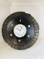 Load image into Gallery viewer, Desk clock made out of a car&#39;s brake disk in a patina finish with a gold clock ring.
