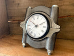 Load image into Gallery viewer, Free-standing clock made from a car&#39;s crankshaft cap in a patina finish.
