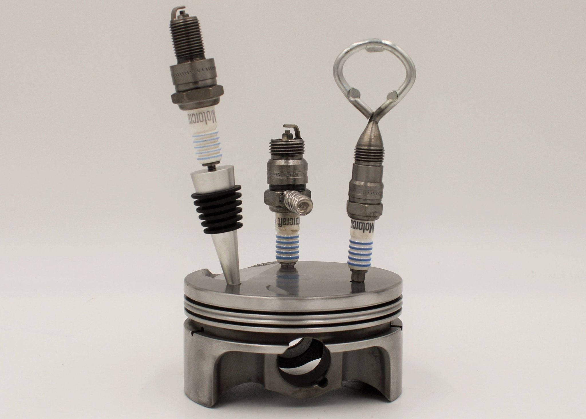 Spark Plug Bar Set for Car Lover - Bottle Opener, Corkscrew, Wine Stopper and Piston Holder, Gift for Auto Enthusiasts - Ben's Auto Decor