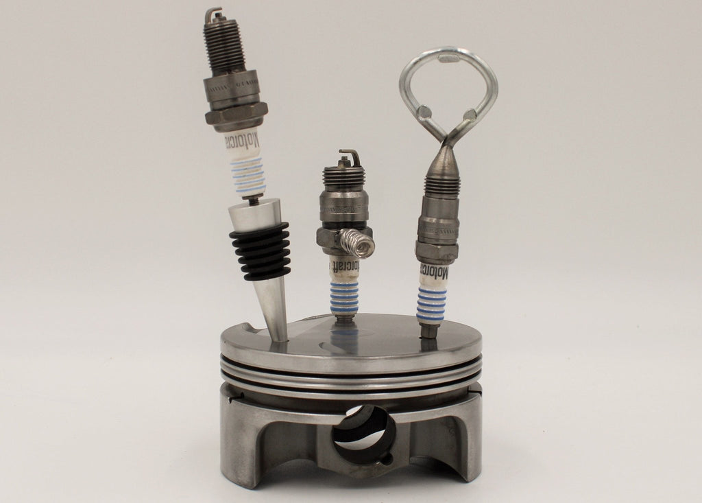 Spark Plug Bar Set for Car Lover - Bottle Opener, Corkscrew, Wine Stopper and Piston Holder, Gift for Auto Enthusiasts - Ben's Auto Decor