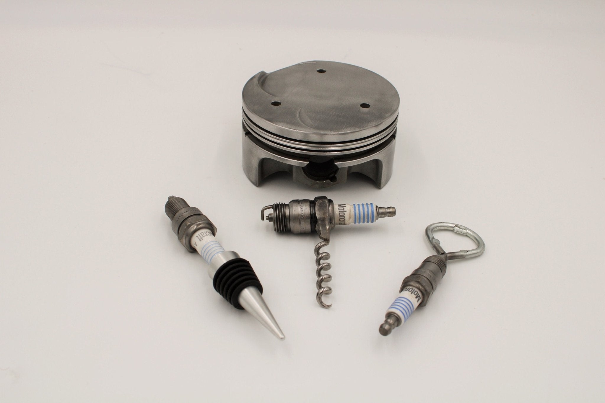 Spark Plug Bar Set for Car Lover - Bottle Opener, Corkscrew, Wine Stopper and Piston Holder, Gift for Auto Enthusiasts - Ben's Auto Decor