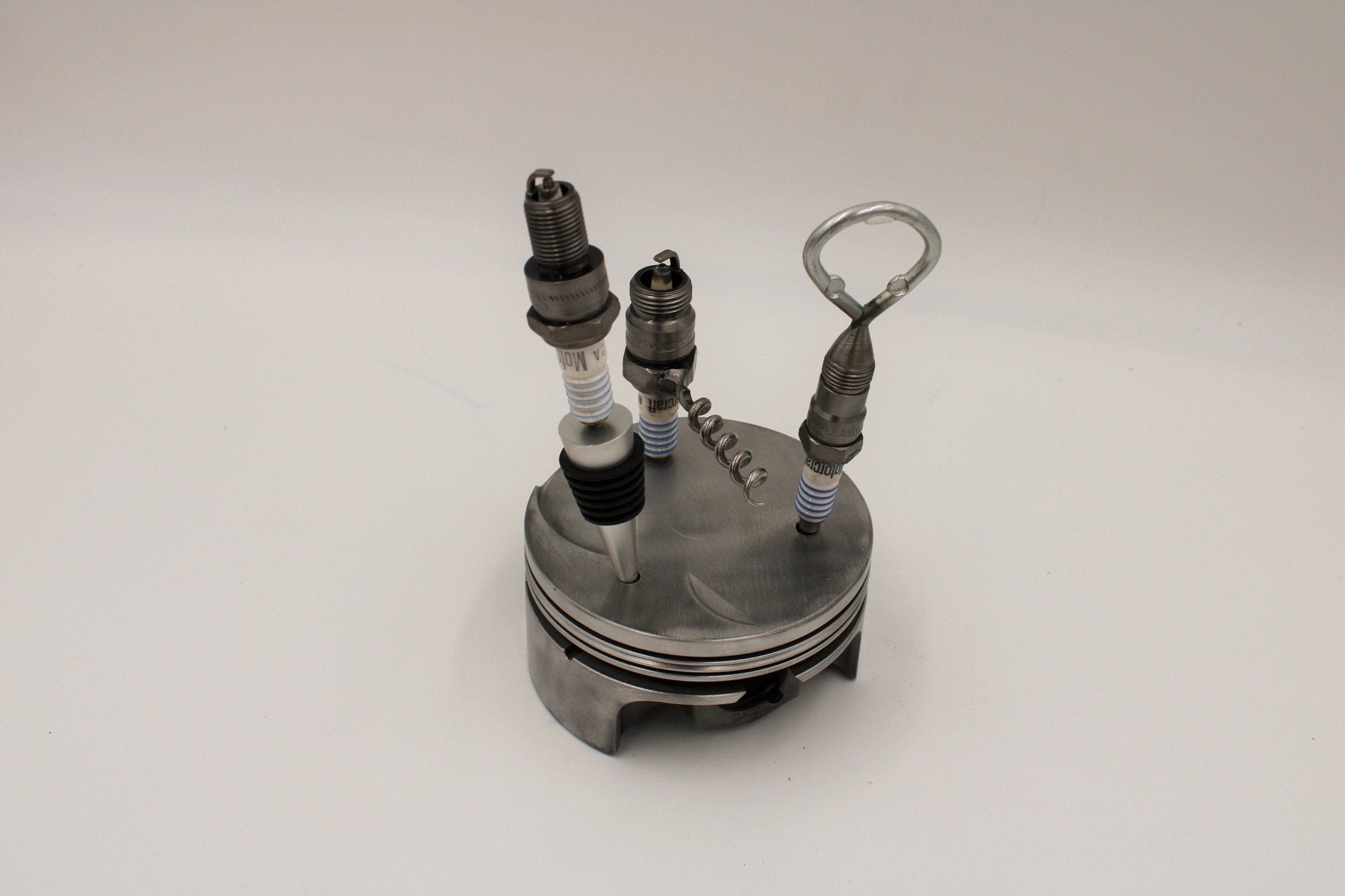 Spark Plug Bar Set for Car Lover - Bottle Opener, Corkscrew, Wine Stopper and Piston Holder, Gift for Auto Enthusiasts - Ben's Auto Decor