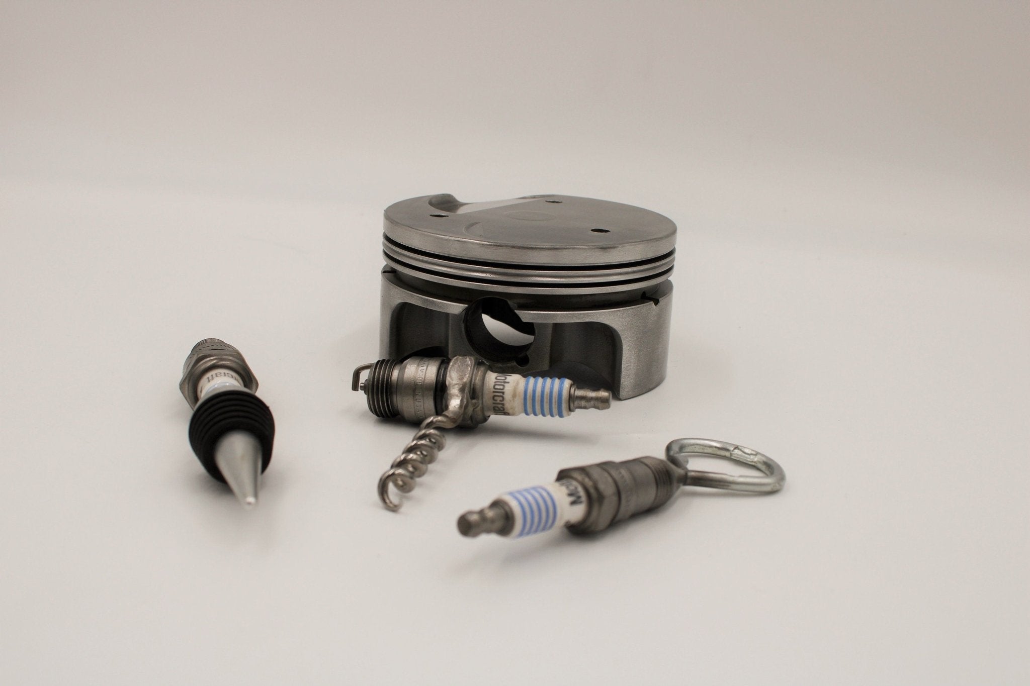Spark Plug Bar Set for Car Lover - Bottle Opener, Corkscrew, Wine Stopper and Piston Holder, Gift for Auto Enthusiasts - Ben's Auto Decor